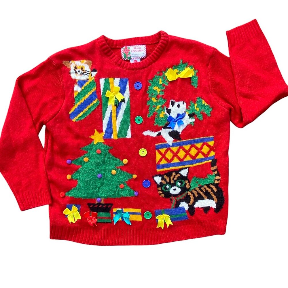 Merry Christmas Novelty Print Cats Holiday Festive Ugly Christmas Sweater-XL